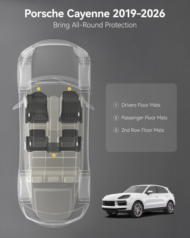 3W Floor Mats Fit Porsche Cayenne 2019-2025 2026 (5 PCS), TPE All Weather Custom Fit Floor Liner for Porsche Cayenne 1st and 2nd Row 5 PCS Car Mats, Black - Image 2